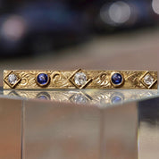 Antique Art Nouveau 14K Gold Diamond Sapphire Bar Pin, Hand Engraved Scroll Designs, Old Mine Cut Diamonds, Blue Sapphire Accents, 45mm