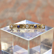 Antique Art Nouveau 14K Gold Diamond Sapphire Bar Pin, Hand Engraved Scroll Designs, Old Mine Cut Diamonds, Blue Sapphire Accents, 45mm