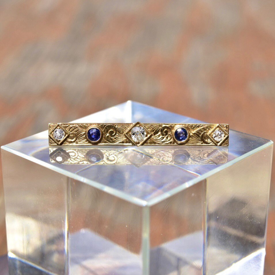 Antique Art Nouveau 14K Gold Diamond Sapphire Bar Pin, Hand Engraved Scroll Designs, Old Mine Cut Diamonds, Blue Sapphire Accents, 45mm