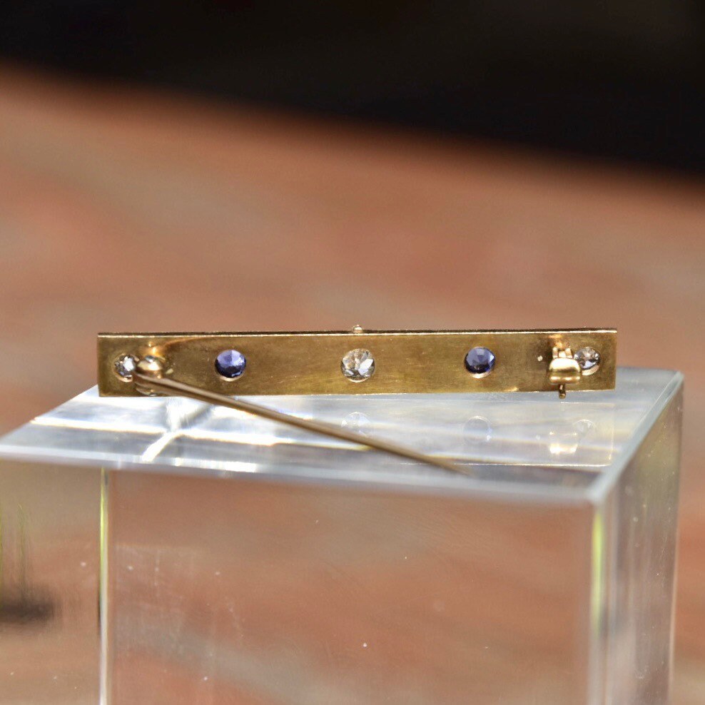 Antique Art Nouveau 14K Gold Diamond Sapphire Bar Pin, Hand Engraved Scroll Designs, Old Mine Cut Diamonds, Blue Sapphire Accents, 45mm