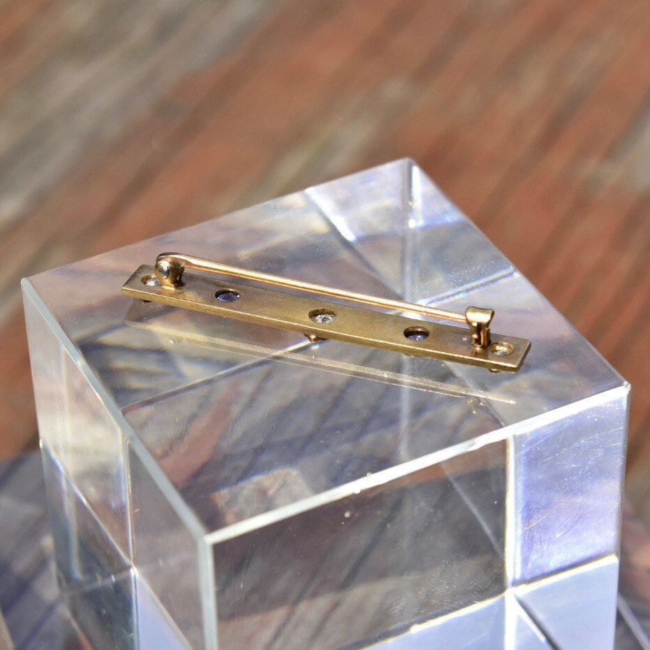 Antique Art Nouveau 14K Gold Diamond Sapphire Bar Pin, Hand Engraved Scroll Designs, Old Mine Cut Diamonds, Blue Sapphire Accents, 45mm