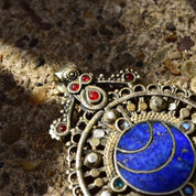 Vintage Large Bohemian Multi-Stone Silver Medallion Pendant, Lapis Lazuli, Red Stone Accents, Lion Emblem On Back, Reversible, 3 1/8" L