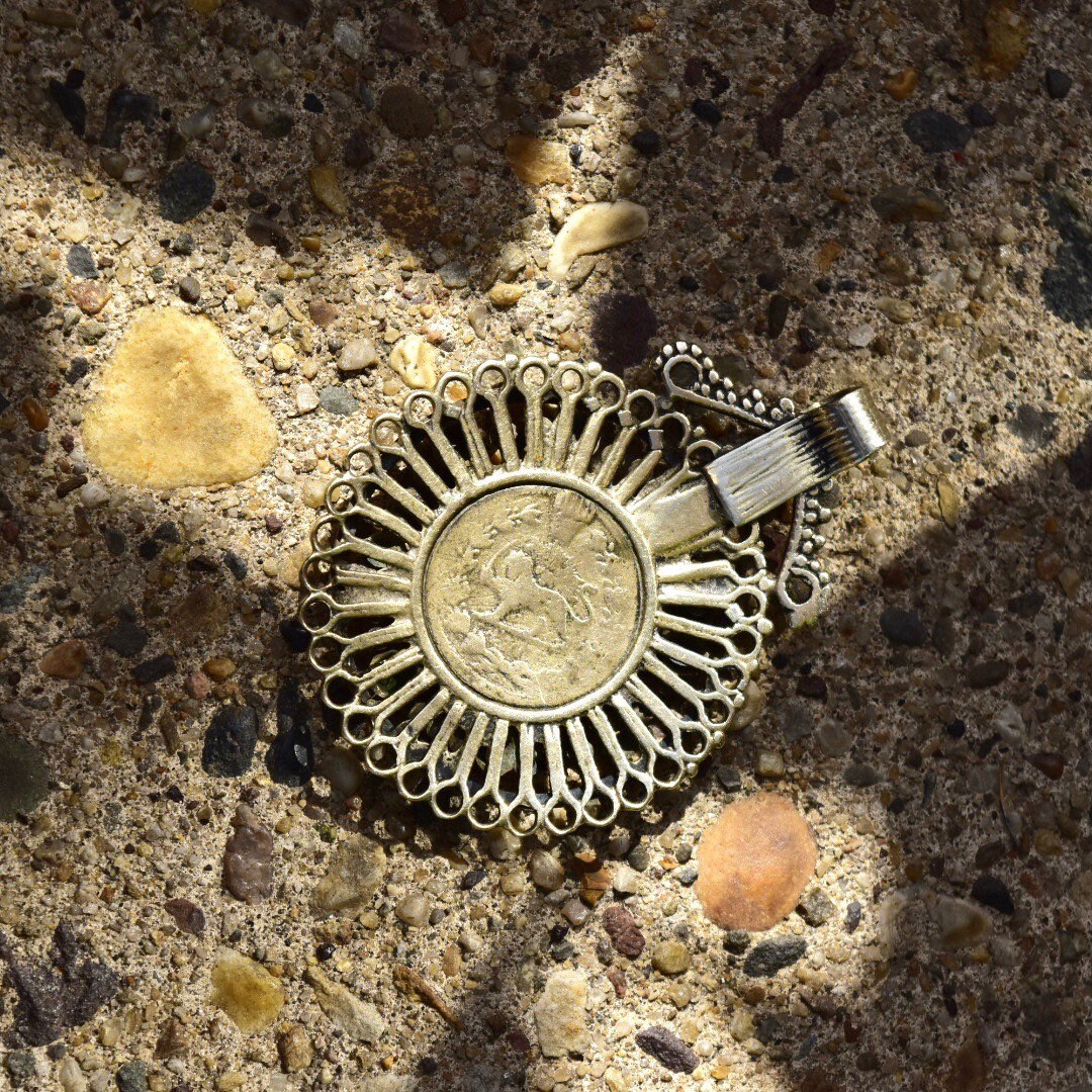 Vintage Large Bohemian Multi-Stone Silver Medallion Pendant, Lapis Lazuli, Red Stone Accents, Lion Emblem On Back, Reversible, 3 1/8" L