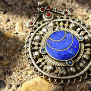 Vintage Large Bohemian Multi-Stone Silver Medallion Pendant, Lapis Lazuli, Red Stone Accents, Lion Emblem On Back, Reversible, 3 1/8" L