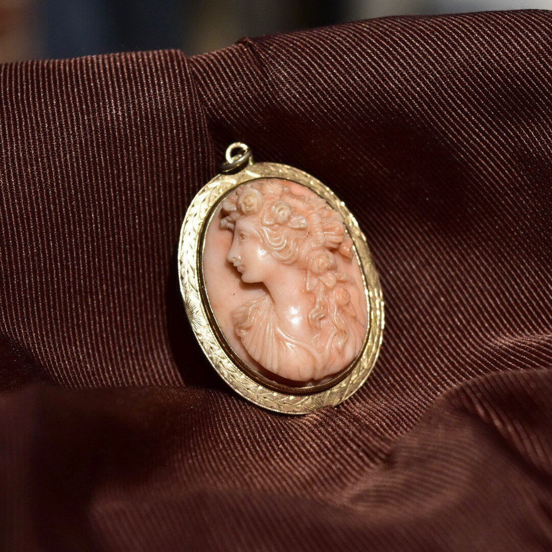 Antique 10K Gold Pink Coral Cameo Brooch/Pendant, High Relief Carved Lady's Portrait, Engraved Yellow Gold Setting, 1 3/4" L