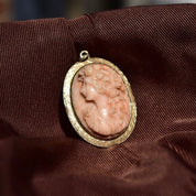 Antique 10K Gold Pink Coral Cameo Brooch/Pendant, High Relief Carved Lady's Portrait, Engraved Yellow Gold Setting, 1 3/4" L