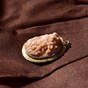 Antique 10K Gold Pink Coral Cameo Brooch/Pendant, High Relief Carved Lady's Portrait, Engraved Yellow Gold Setting, 1 3/4" L