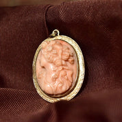 Antique 10K Gold Pink Coral Cameo Brooch/Pendant, High Relief Carved Lady's Portrait, Engraved Yellow Gold Setting, 1 3/4" L