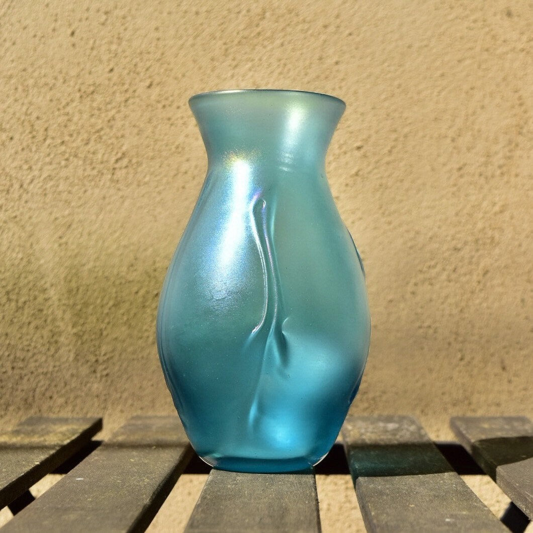 Vintage Signed Herb A. Thomas Iridescent Blue Art Glass Vase, Hand Blown Glass Vase, 8" H