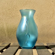 Vintage Signed Herb A. Thomas Iridescent Blue Art Glass Vase, Hand Blown Glass Vase, 8" H