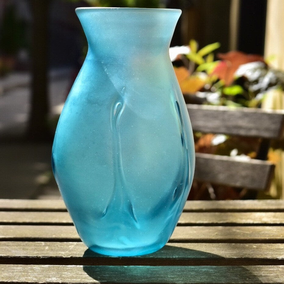 Vintage Signed Herb A. Thomas Iridescent Blue Art Glass Vase, Hand Blown Glass Vase, 8" H