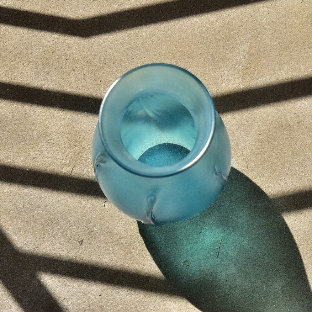 Vintage Signed Herb A. Thomas Iridescent Blue Art Glass Vase, Hand Blown Glass Vase, 8" H