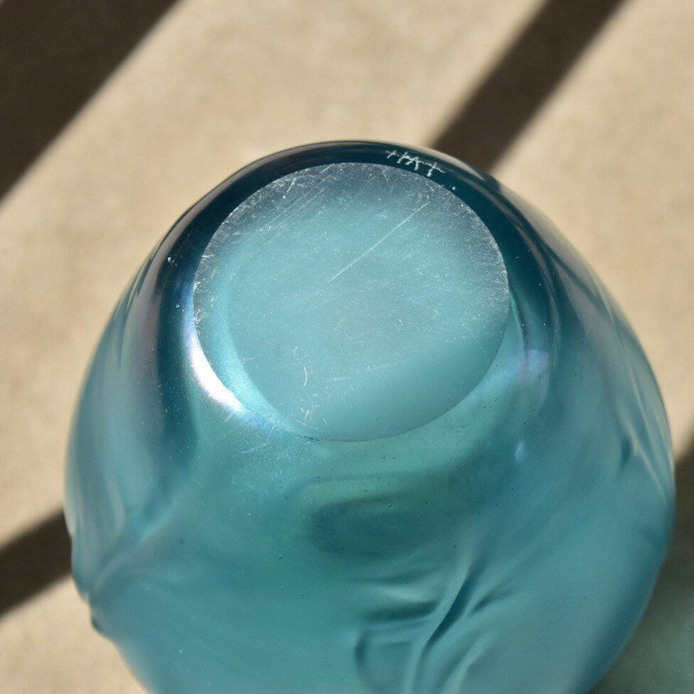 Vintage Signed Herb A. Thomas Iridescent Blue Art Glass Vase, Hand Blown Glass Vase, 8" H