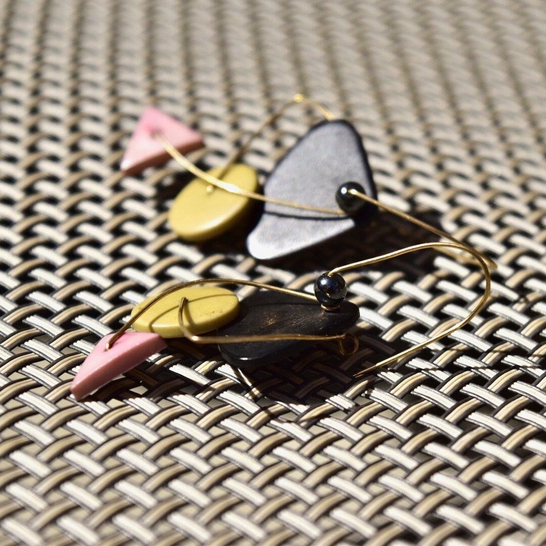 Vintage Abstract Modernist Gold Toned Wire Dangle Earrings, Geometric Shape Earrings, Pastel Retro Earrings, Gold Contemporary Earrings