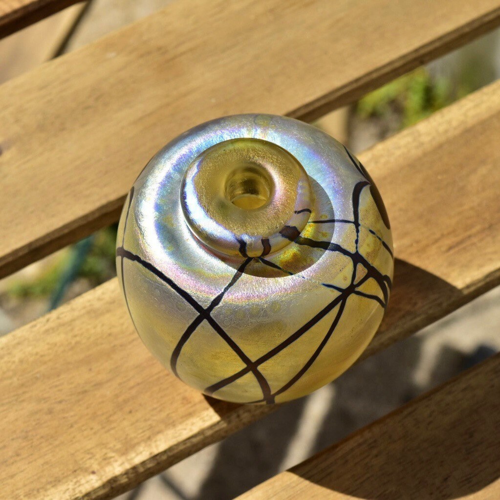 Vintage 1983 Signed Robert Eickholt Art Glass Bud Vase, Small Round Bottle Vase, Iridescent Yellow Glass, Nouveau Style Designs, 3 1/4" H