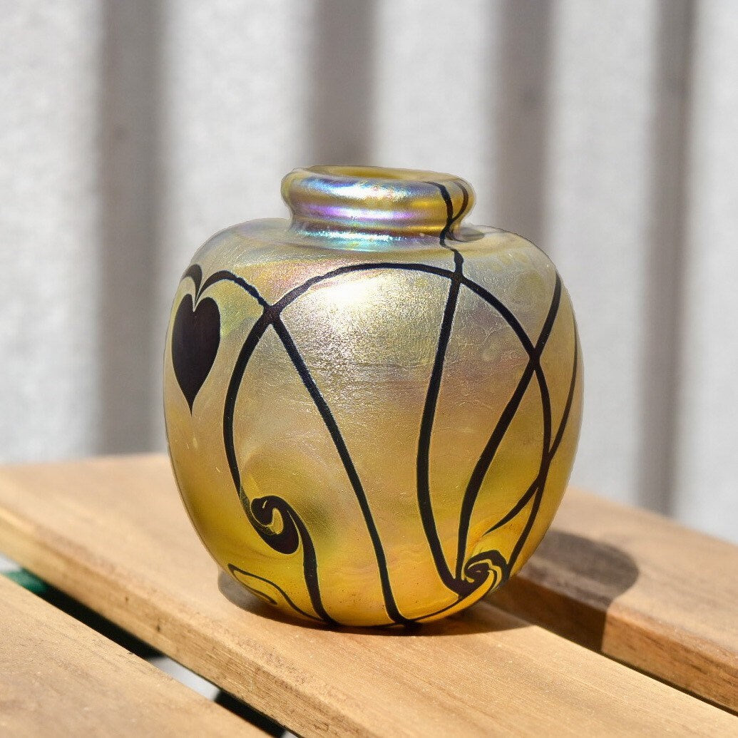 Vintage 1983 Signed Robert Eickholt Art Glass Bud Vase, Small Round Bottle Vase, Iridescent Yellow Glass, Nouveau Style Designs, 3 1/4" H