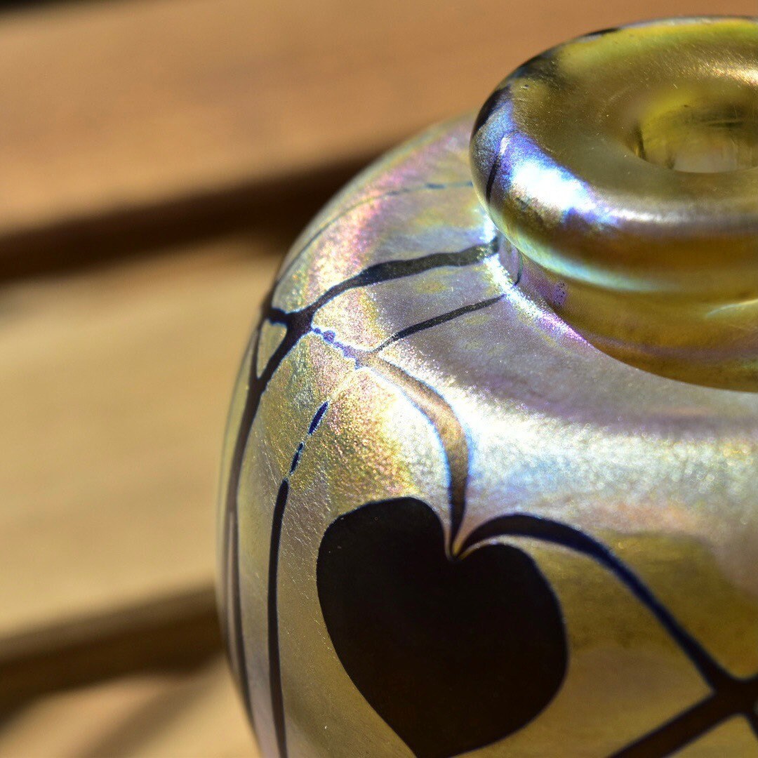 Vintage 1983 Signed Robert Eickholt Art Glass Bud Vase, Small Round Bottle Vase, Iridescent Yellow Glass, Nouveau Style Designs, 3 1/4" H