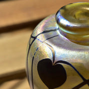 Vintage 1983 Signed Robert Eickholt Art Glass Bud Vase, Small Round Bottle Vase, Iridescent Yellow Glass, Nouveau Style Designs, 3 1/4" H