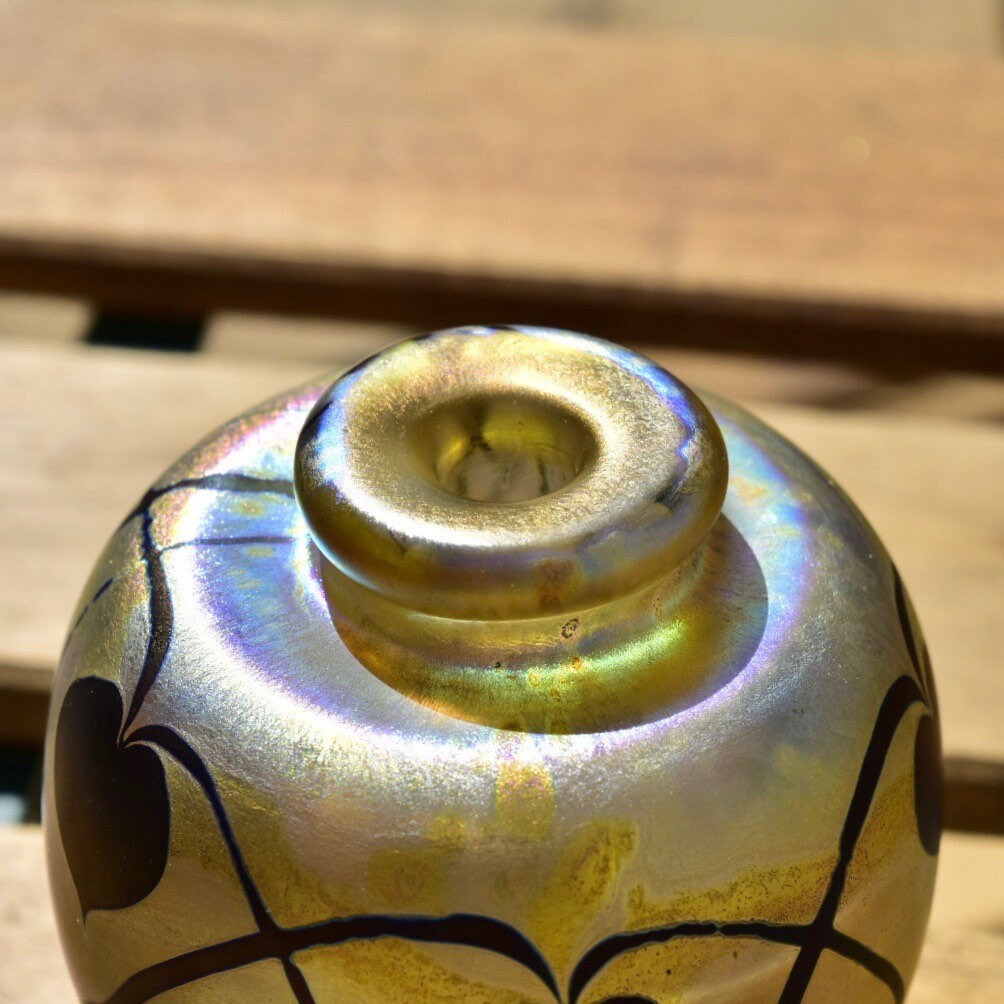 Vintage 1983 Signed Robert Eickholt Art Glass Bud Vase, Small Round Bottle Vase, Iridescent Yellow Glass, Nouveau Style Designs, 3 1/4" H