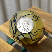 Vintage 1983 Signed Robert Eickholt Art Glass Bud Vase, Small Round Bottle Vase, Iridescent Yellow Glass, Nouveau Style Designs, 3 1/4" H