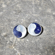 Vintage modernist sterling silver lapis lazuli yin-yang stud earrings on grey stone background