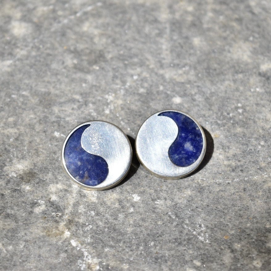 Vintage Modernist Sterling Silver Lapis Lazuli Yin-Yang Stud Earrings, Chunky Solid Silver Studs, Natural Lapis Lazuli