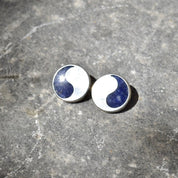 Vintage Modernist Sterling Silver Lapis Lazuli Yin-Yang Stud Earrings, Chunky Solid Silver Studs, Natural Lapis Lazuli