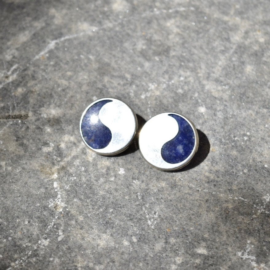 Vintage Modernist Sterling Silver Lapis Lazuli Yin-Yang Stud Earrings, Chunky Solid Silver Studs, Natural Lapis Lazuli