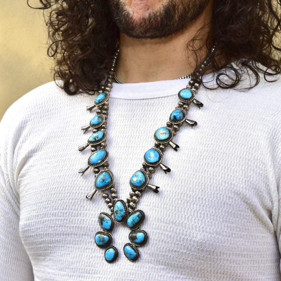 Vintage Navajo Squash Blossom Necklace, Natural Blue Turquoise & Coin Silver, Native American Old Pawn Jewelry, 29" L