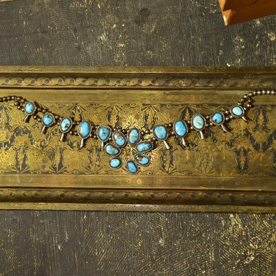 Vintage Navajo Squash Blossom Necklace, Natural Blue Turquoise & Coin Silver, Native American Old Pawn Jewelry, 29" L