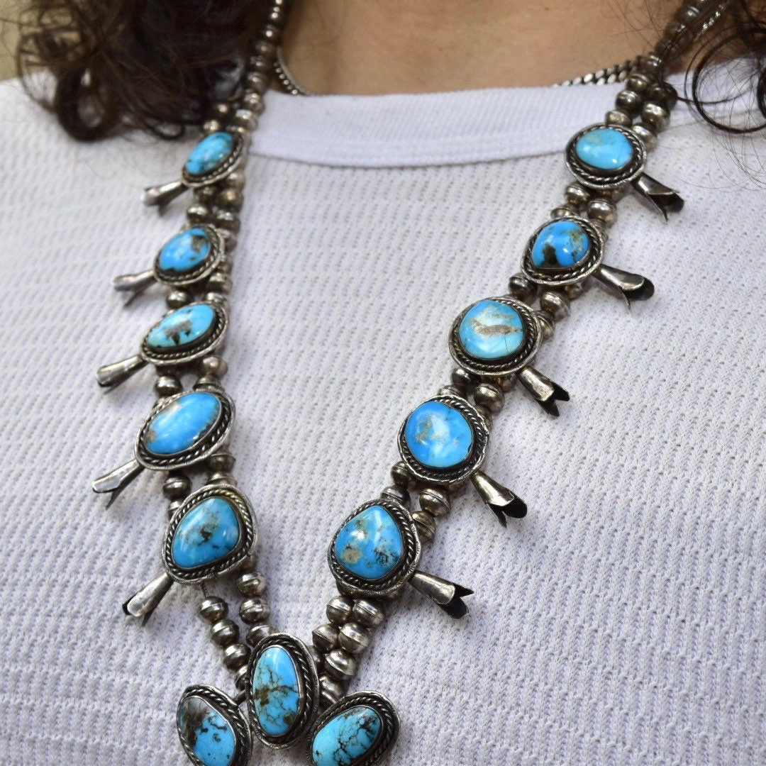 Vintage Navajo Squash Blossom Necklace, Natural Blue Turquoise & Coin Silver, Native American Old Pawn Jewelry, 29" L