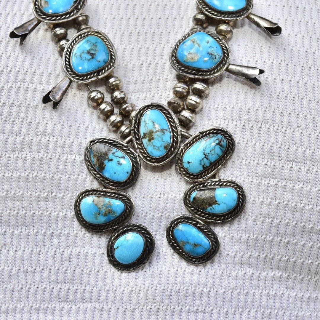 Vintage Navajo Squash Blossom Necklace, Natural Blue Turquoise & Coin Silver, Native American Old Pawn Jewelry, 29" L