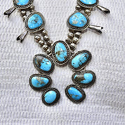 Vintage Navajo Squash Blossom Necklace, Natural Blue Turquoise & Coin Silver, Native American Old Pawn Jewelry, 29" L