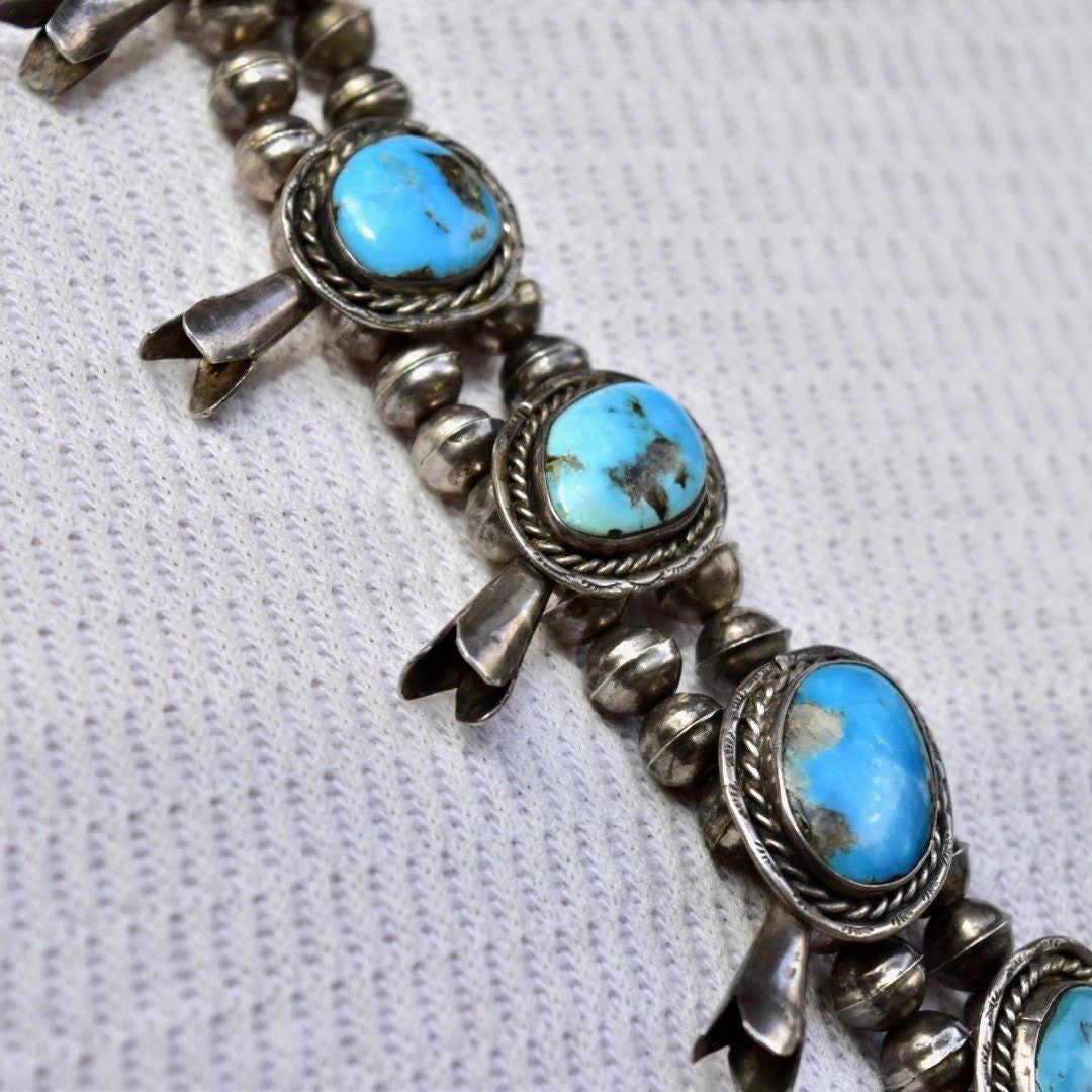Vintage Navajo Squash Blossom Necklace, Natural Blue Turquoise & Coin Silver, Native American Old Pawn Jewelry, 29" L