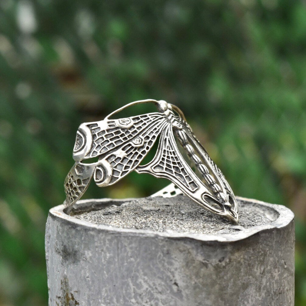 Vintage Sterling Silver Dragonfly Cuff Bracelet, Art Nouveau, Engraved Silver Butterfly Cuff, WTS 925, Adjustable, 5 1/4"