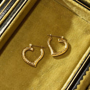 Vintage 14K Gold Hammered Heart Hoop Earrings, Textured Yellow Gold Hoops, Cute 585 Heart Earrings, 22mm