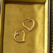 Vintage 14K Gold Hammered Heart Hoop Earrings, Textured Yellow Gold Hoops, Cute 585 Heart Earrings, 22mm