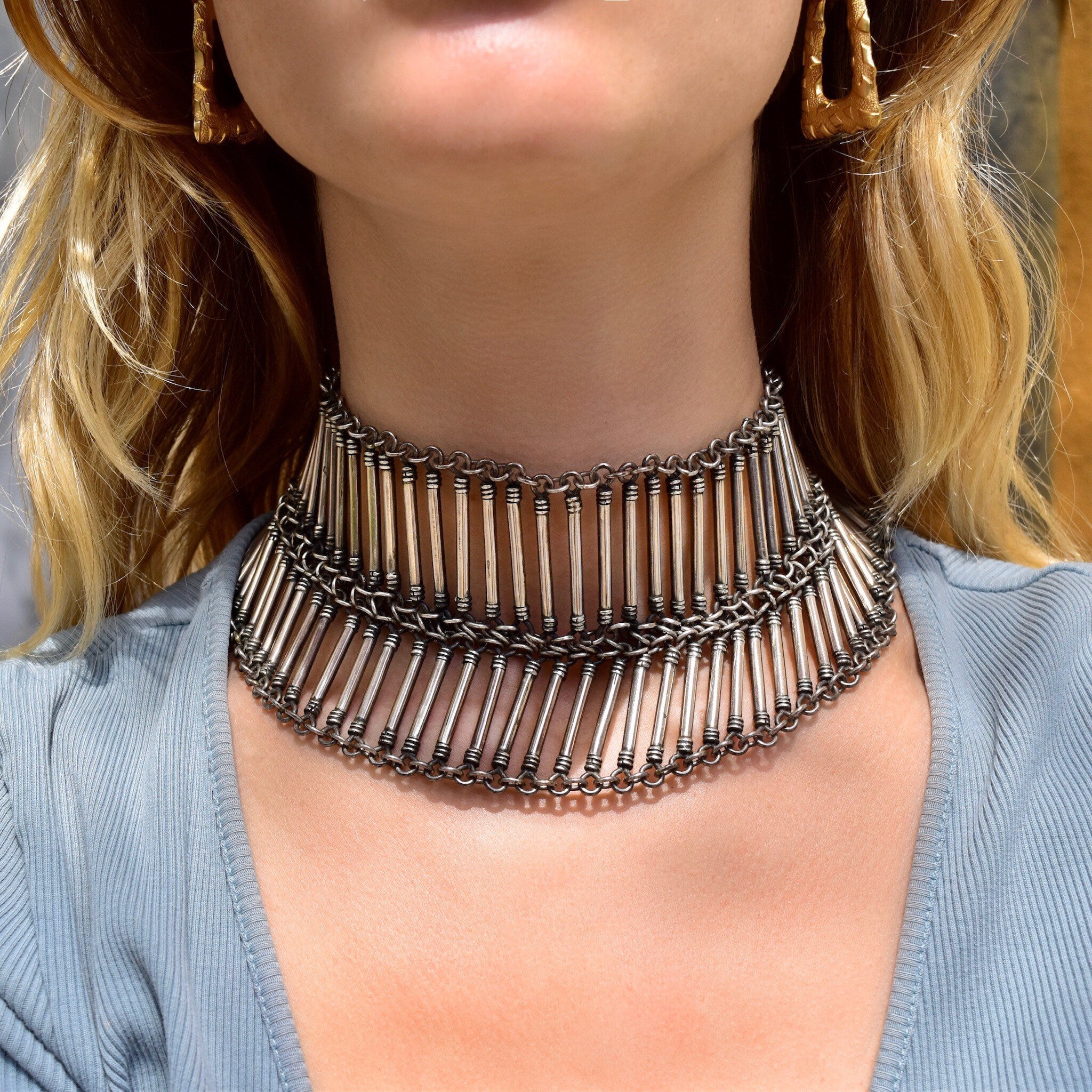 Vintage TAXCO Bohemian Sterling Silver Bib Necklace, Ethnic Jewelry, Solid Silver Statement Necklace, Tube Links, 925 Mexico, 15 1/2" L
