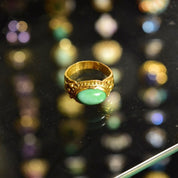 Chinese 22KT Jade Ring, Nature Jadeite Jade Cabochon, Ornate Yellow Gold Gemstone Saddle Ring, Size 4 3/4 US