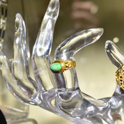 Chinese 22KT Jade Ring, Nature Jadeite Jade Cabochon, Ornate Yellow Gold Gemstone Saddle Ring, Size 4 3/4 US