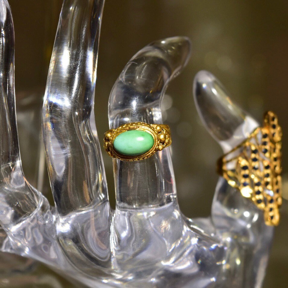 Chinese 22KT Jade Ring, Nature Jadeite Jade Cabochon, Ornate Yellow Gold Gemstone Saddle Ring, Size 4 3/4 US