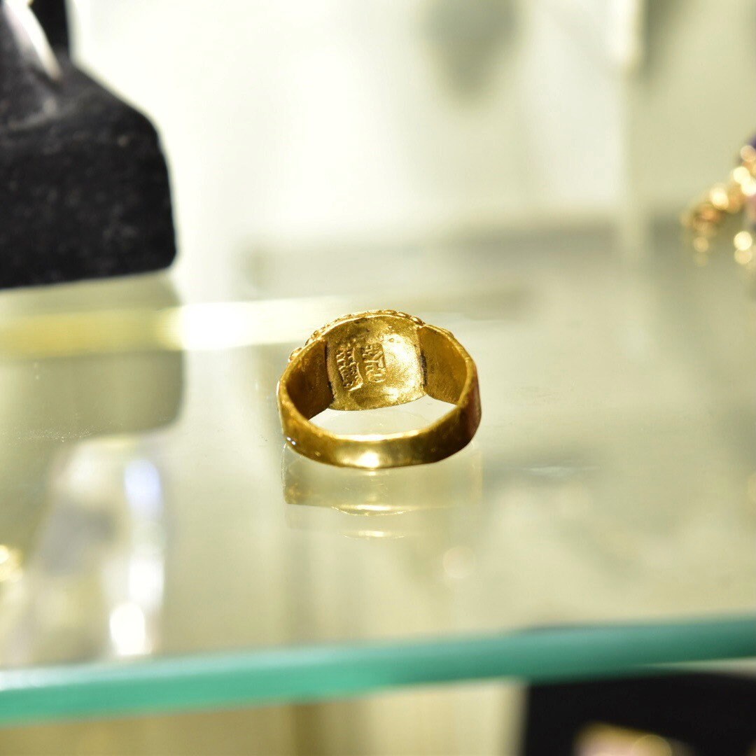 Chinese 22KT Jade Ring, Nature Jadeite Jade Cabochon, Ornate Yellow Gold Gemstone Saddle Ring, Size 4 3/4 US