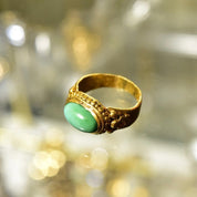 Chinese 22KT Jade Ring, Nature Jadeite Jade Cabochon, Ornate Yellow Gold Gemstone Saddle Ring, Size 4 3/4 US