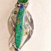 Retro 'The Dreamer' Abstract Modernist Sterling Silver Multi-Stone Brooch Pendant, Technicolor Green & Blue Gemstones, , 4 7/8" L