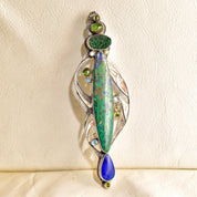 Retro 'The Dreamer' Abstract Modernist Sterling Silver Multi-Stone Brooch Pendant, Technicolor Green & Blue Gemstones, , 4 7/8" L