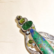 Retro 'The Dreamer' Abstract Modernist Sterling Silver Multi-Stone Brooch Pendant, Technicolor Green & Blue Gemstones, , 4 7/8" L