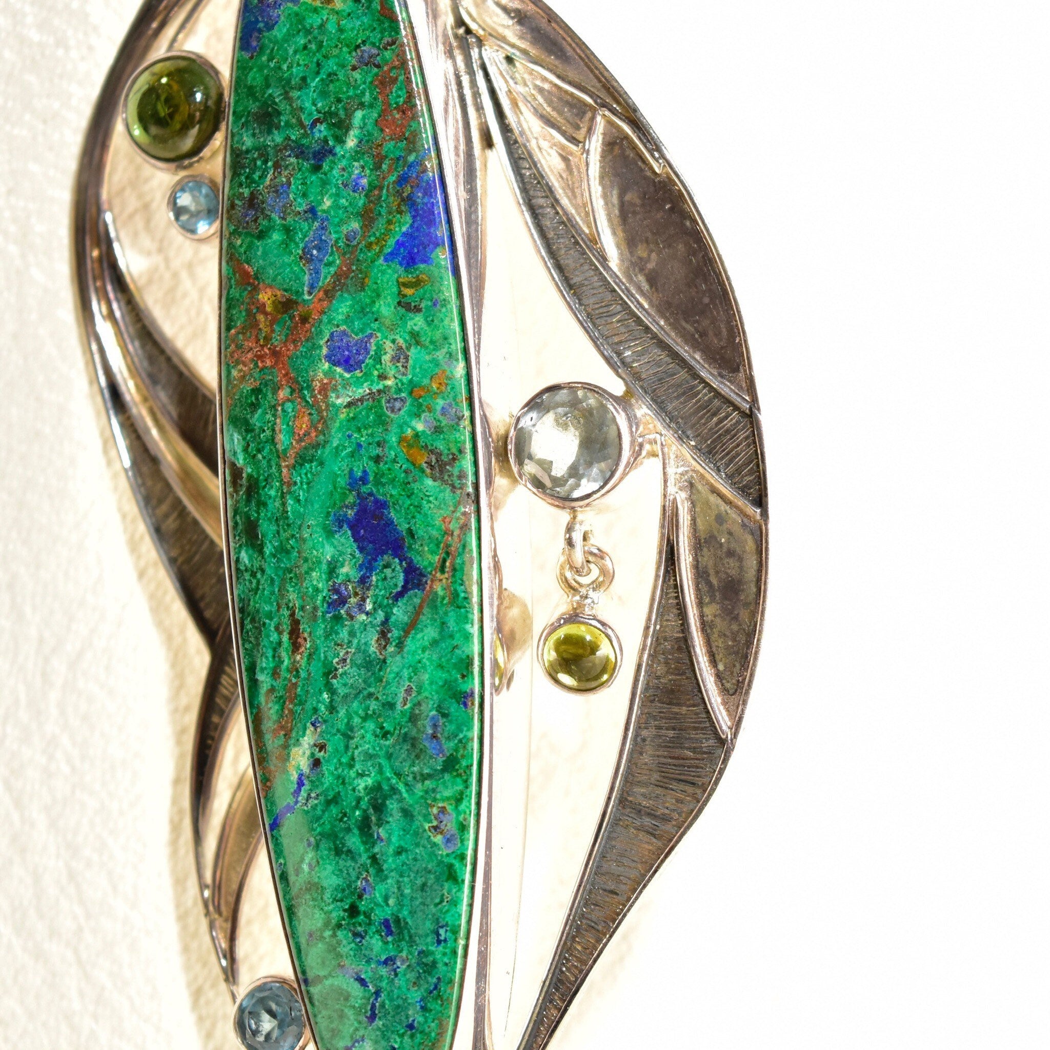 Retro 'The Dreamer' Abstract Modernist Sterling Silver Multi-Stone Brooch Pendant, Technicolor Green & Blue Gemstones, , 4 7/8" L