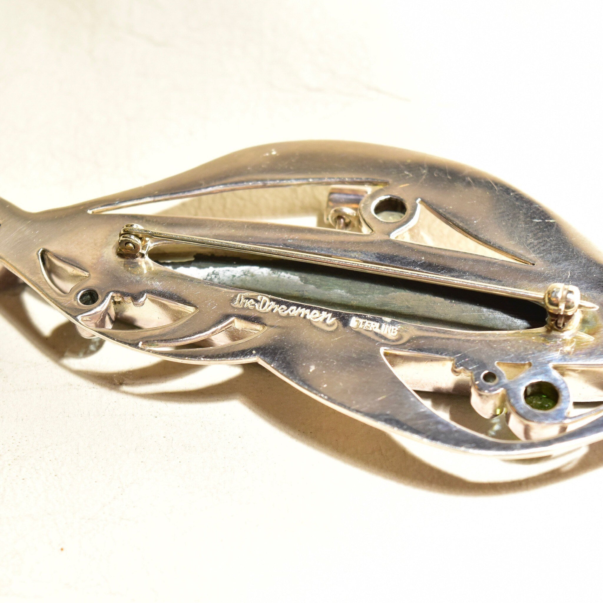 Retro 'The Dreamer' Abstract Modernist Sterling Silver Multi-Stone Brooch Pendant, Technicolor Green & Blue Gemstones, , 4 7/8" L