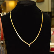 Vintage 14K Gold Herringbone Chevron Diamond Solitaire Necklace, .11 CT Brilliant Diamond, Decollete Necklace 20 1/2"