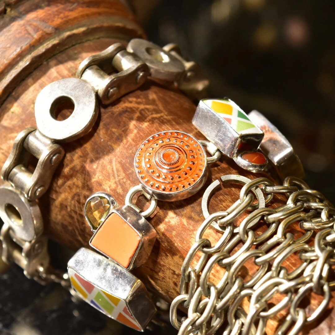 Retro 'Echo Of The Dreamer' Sterling Silver Orange Enamel Charm Bracelet, Chunky Color Link Bracelet, Gemstone Accents, Toggle Clasp, 8 1/2"
